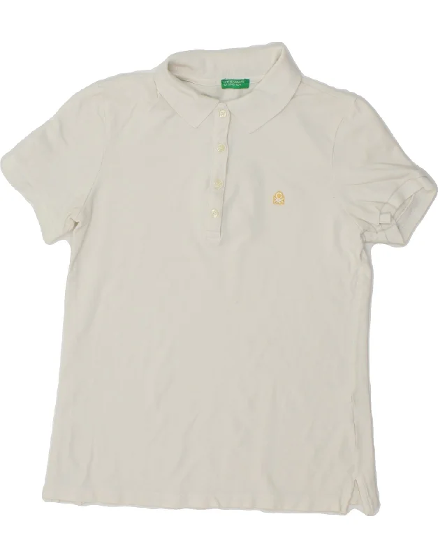 BENETTON Womens Polo Shirt UK 10 Small White Fashionable Pleated Short Shirt