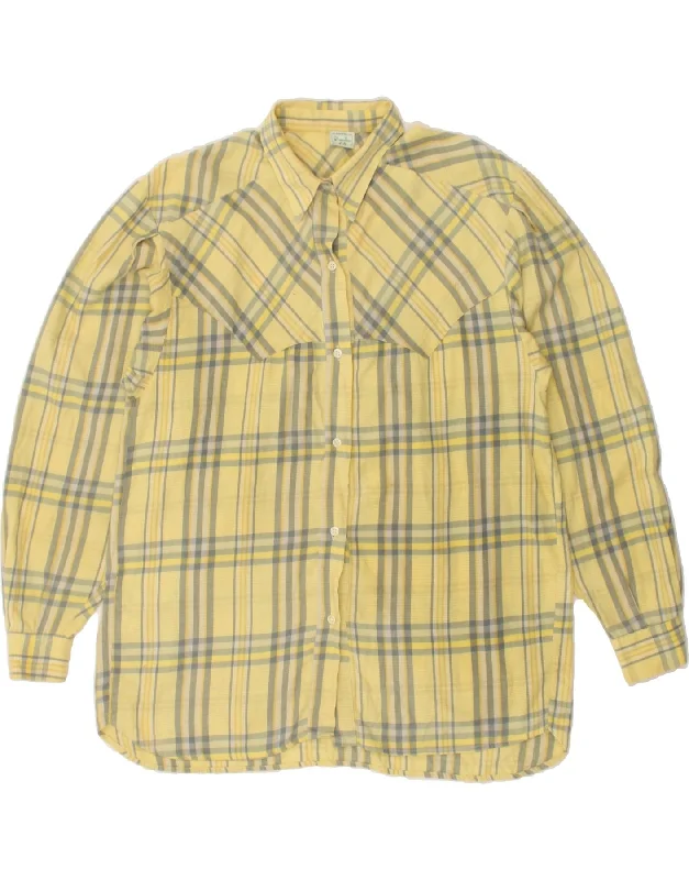 BENETTON Womens Shirt IT 42 Medium Yellow Check Cotton Classic V-Neck Short Shirt