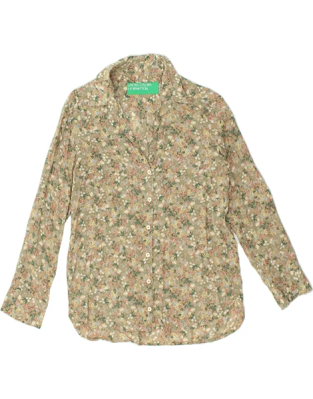 BENETTON Womens Shirt UK 10 Small Beige Floral Modal Casual Boxy Short Shirt