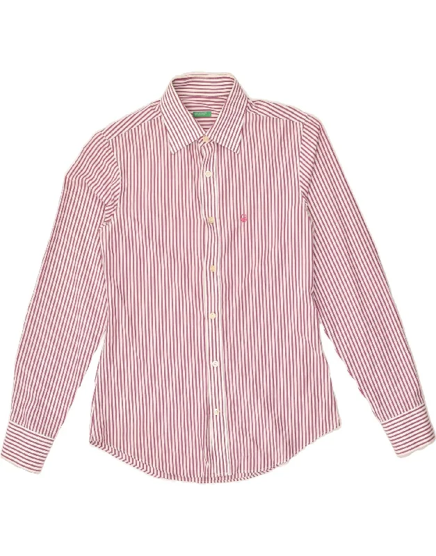 BENETTON Womens Shirt UK 14 Large Pink Striped Cotton Casual Cotton Short Shirt