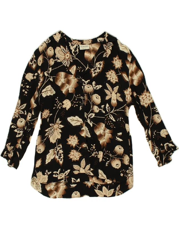 CANDA Womens Shirt Blouse UK 16 Large Black Floral Trendy Turtleneck Short Shirt