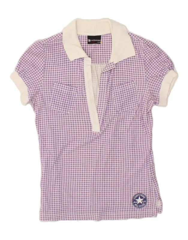 CONVERSE Womens Polo Shirt UK 10 Small Purple Gingham Classic Short Sleeve Blouse