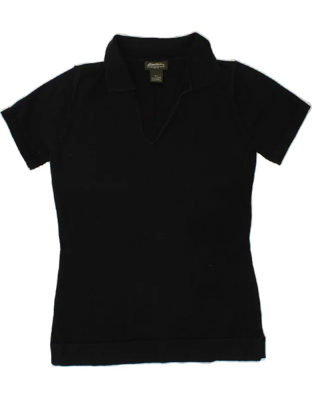 EDDIE BAUER Womens Polo Shirt UK 12 Medium Black Cotton Classic Button-Up Short Tee