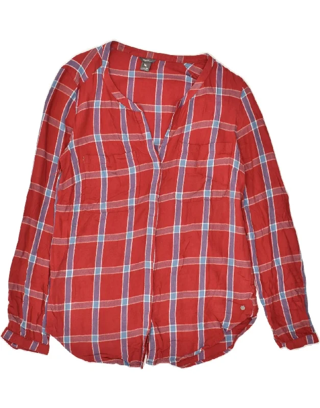 EDDIE BAUER Womens Shirt Blouse UK 6 XS Red Check Rayon Comfortable Pocket Short Shirt