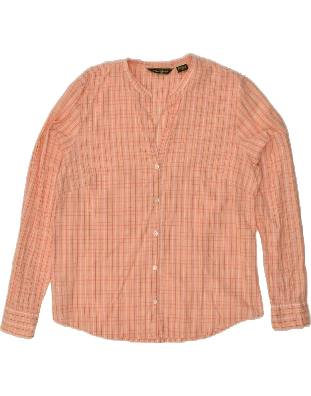 EDDIE BAUER Womens Shirt UK 14 Large Orange Check Cotton Cozy Linen Short Shirt