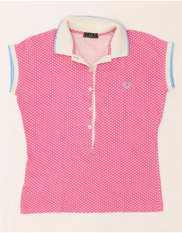 FRED PERRY Womens Polo Shirt UK 14 Large Pink Floral Cotton Stylish Short Sleeve Polo