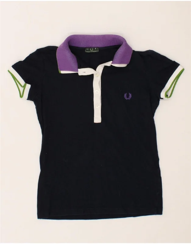 FRED PERRY Womens Polo Shirt UK 8 Small Navy Blue Cotton Classic V-Neck Short Shirt