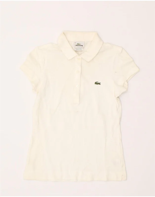 LACOSTE Womens Polo Shirt Size 34 Small Off White Cotton Casual Slouchy Short Sleeve