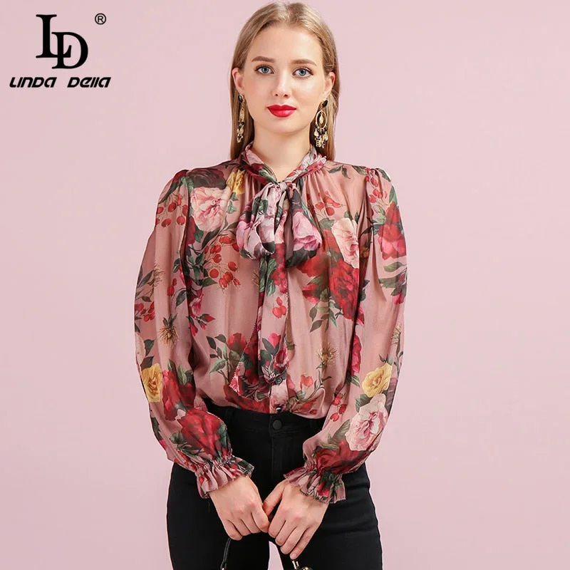 LD LINDA DELLA Runway Fashion Autumn Silk Shirt Women's Butterfly Sleeve Floral Printed Bowknot Elegant Vintage Loose Blouse Relaxed Fit Short Shirt