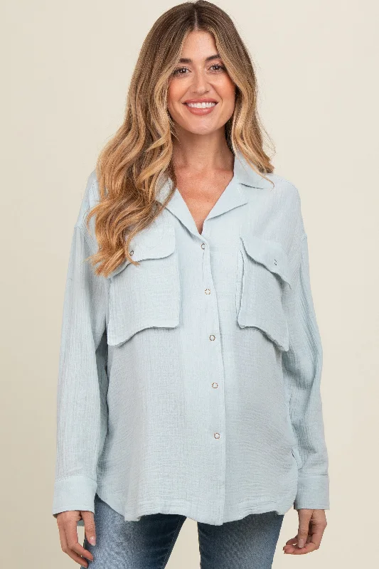 Light Blue Cotton Gauze Button Down Maternity Shirt Elegant Lace-Trimmed Short Shirt