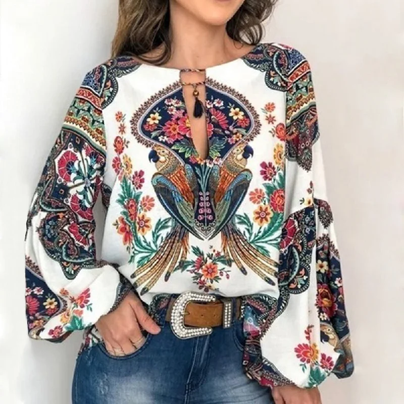 MoneRiff 2019 Casual Vintage Shirt Blouse Women Printed Lantern Sleeve Plus Size Womens Tops Loose V Neck Blusas Mujer De Moda Classic Casual Short Sleeve