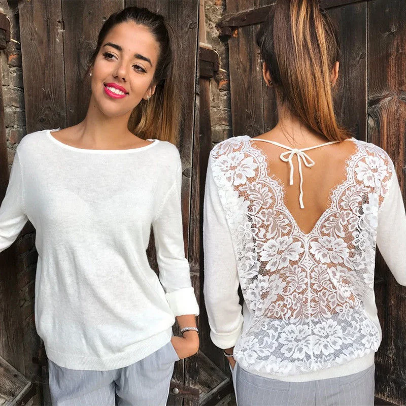 New Fashion Women Backless Lace Sheer Long Sleeve Embroidery Floral Lace Crochet Tee Shirt Tops Blouse Relaxed Cotton Short Shirt