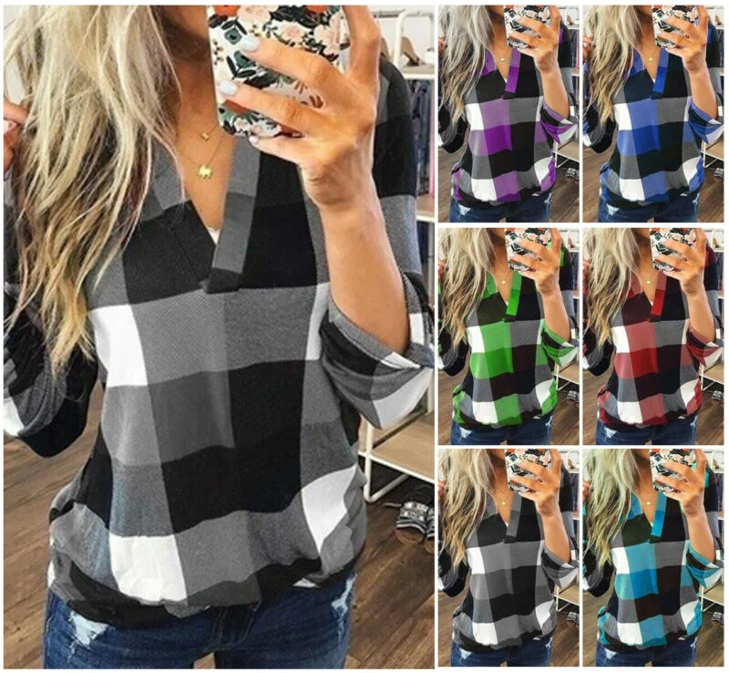 New Women V-Neck Check Lattice Plaid Shirt Tops Long Sleeve Lady Casual Loose Blouse Plus Size S-3XL Comfortable Short Sleeve Tunic