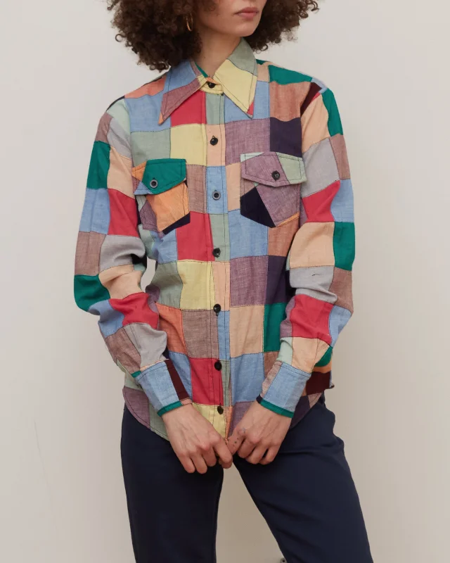 1970's Indian Madras Patchwork Shirt Fashionable Tied Short Sleeve