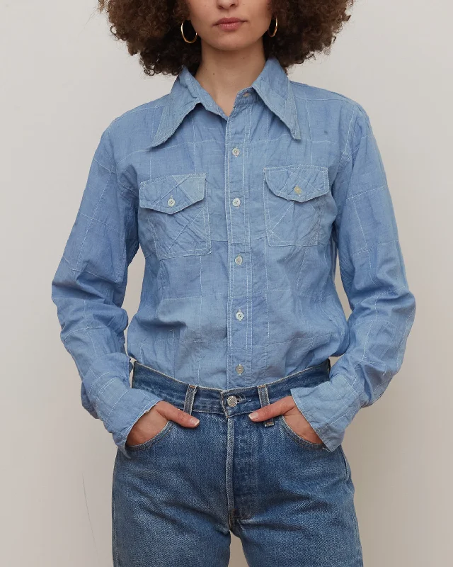 Patchwork Chambray Shirts Stylish Printed Short Shirt