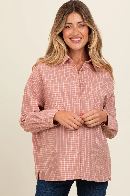 Pink Checker Plaid Button Down Maternity Shirt Classic V-Neck Short Shirt