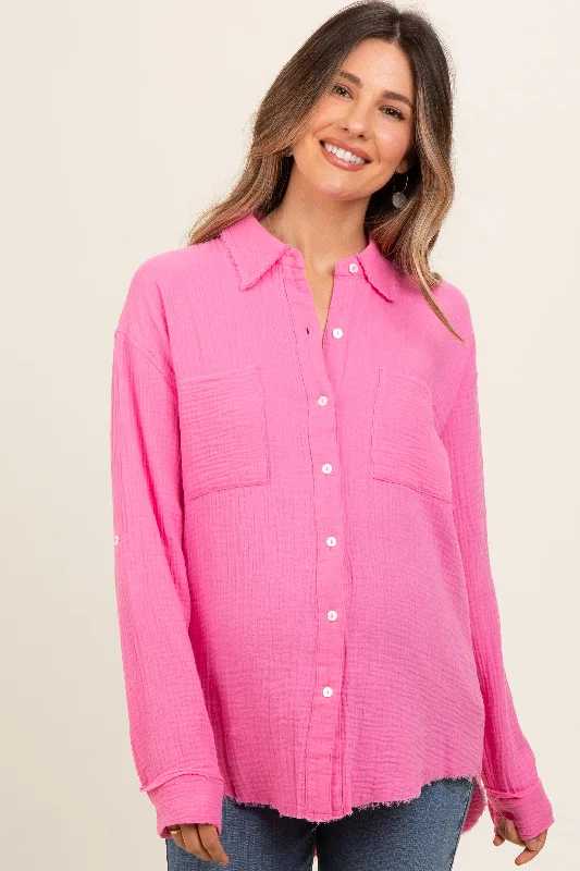 Pink Front Pocket Fringe Hem Button Up Maternity Shirt Soft Cotton Short Tee