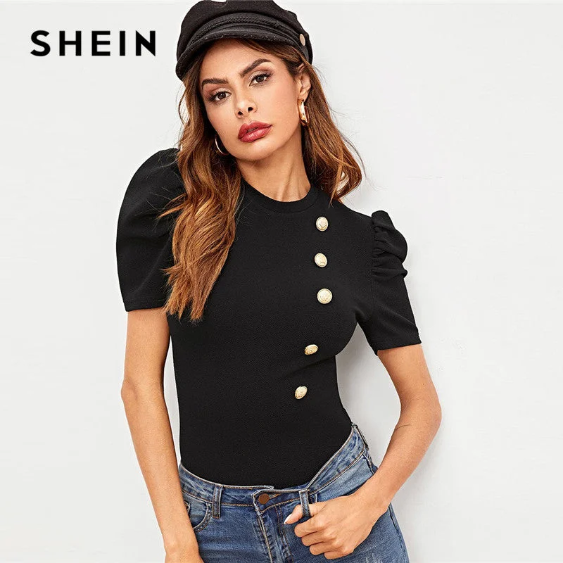 SHEIN Black Puff Sleeve Buttoned Textured Tee Ladies Elegant Plain Tops 2019 Summer Streetwear Short Sleeve Women Shirts Comfortable Knit Short Shirt