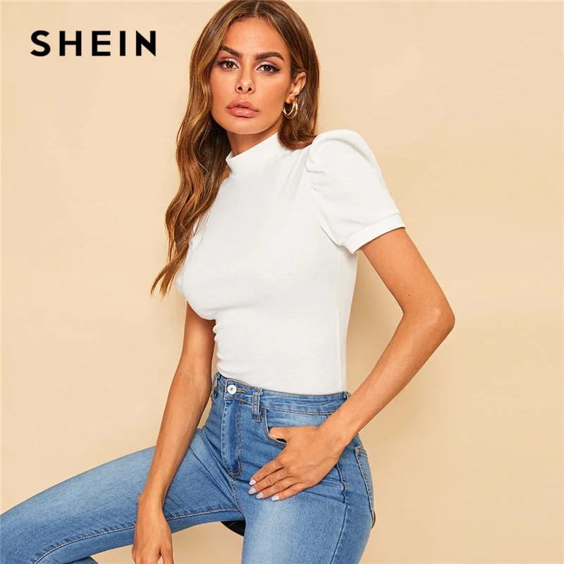 SHEIN Office Lady White Mock-neck Puff Sleeve Solid Top T Shirt Summer Solid Basic Short Puff Sleeve Elegant Tshirt Ladies Tops Comfortable Ribbed Short Sleeve