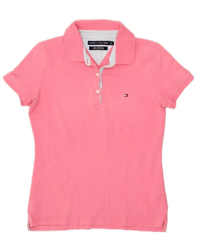 TOMMY HILFIGER Womens Polo Shirt UK 10 Small Pink Cotton Fashionable Plaid Short Sleeve