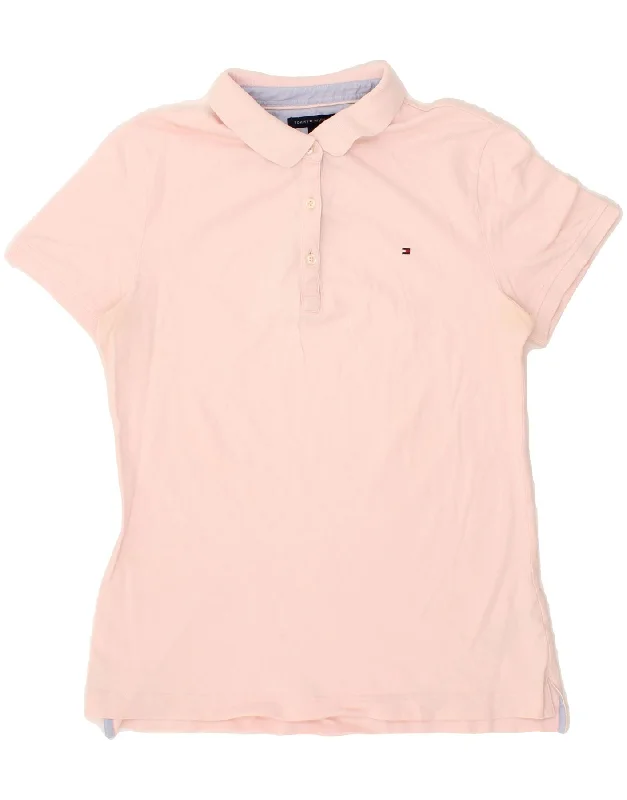 TOMMY HILFIGER Womens Polo Shirt UK 14 Large Pink Cotton Relaxed Cotton Short Shirt