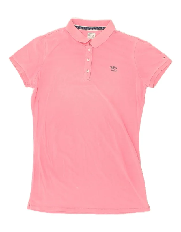 TOMMY HILFIGER Womens Polo Shirt UK 14 Large Pink Cotton Soft Cotton Short Tee