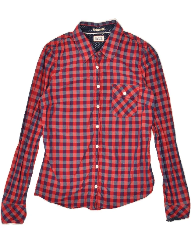 TOMMY HILFIGER Womens Shirt UK 10 Small Red Check Soft Flowing Short Shirt