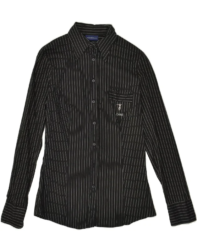 TRUSSARDI Womens Shirt UK 14 Large Black Striped Cotton Comfortable Summer Short Shirt