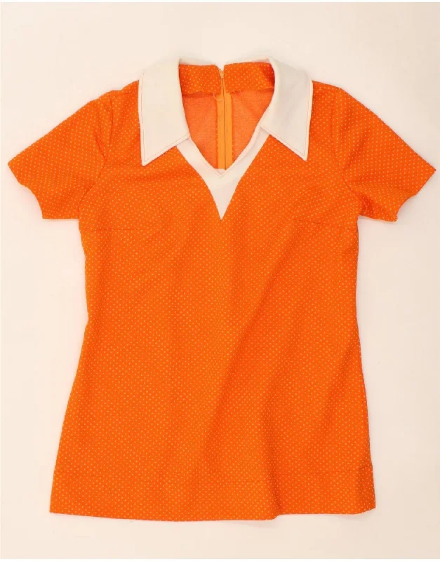 VINTAGE Womens Polo Shirt UK 14 Medium Orange Spotted Comfortable Summer Short Shirt