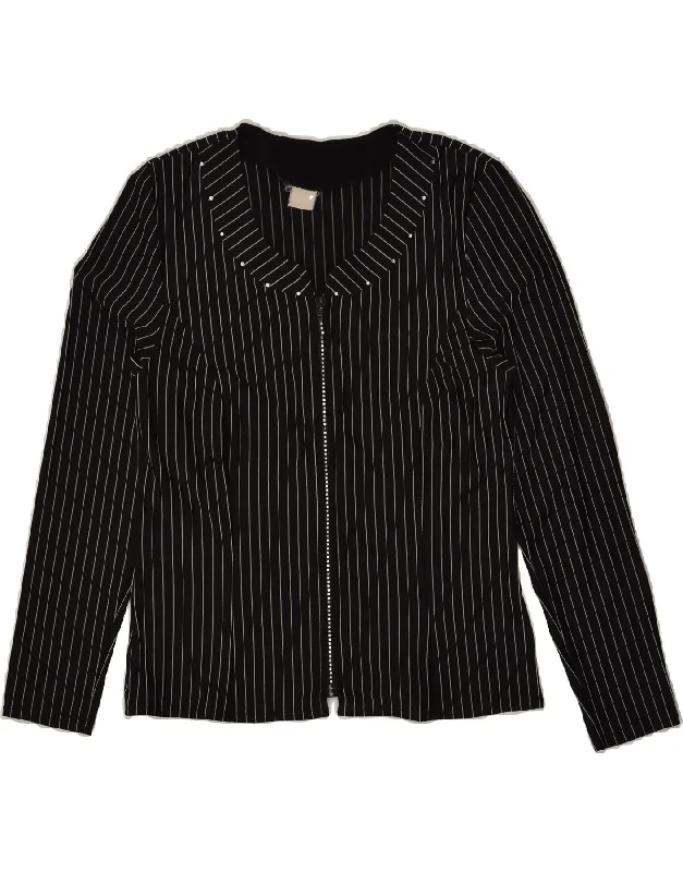 VINTAGE Womens Shirt Blouse UK12 Medium Black Pinstripe Stylish Round Neck Shirt