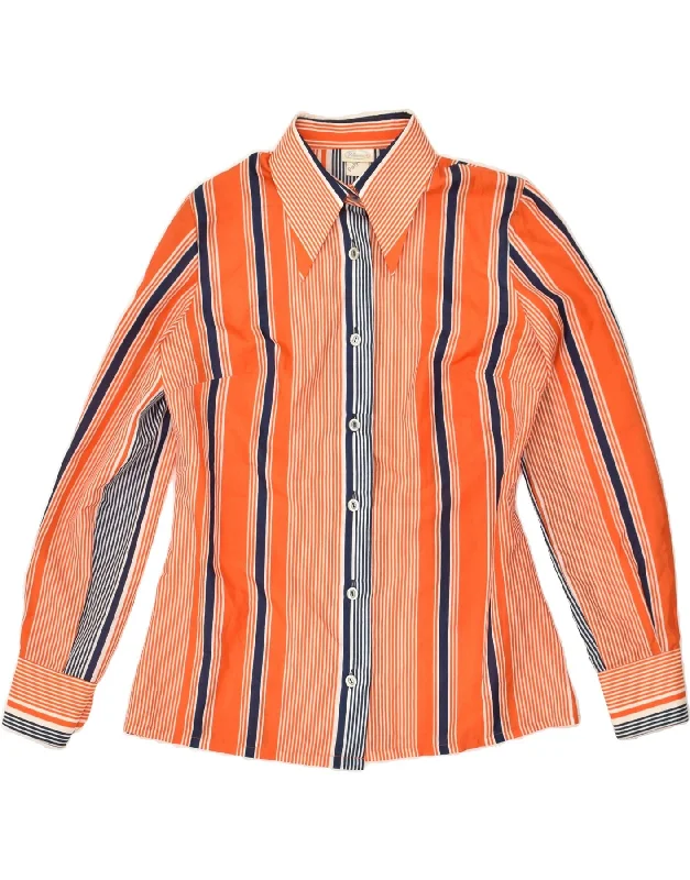 VINTAGE Womens Shirt UK 12 Medium Orange Striped Polyester Comfortable Short Sleeve Blouse