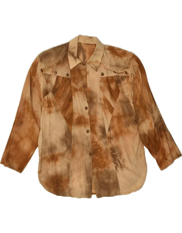 VINTAGE Womens Shirt UK 16 Large Brown Tie Dye Polyamide Comfortable Graphic Short Sleeve