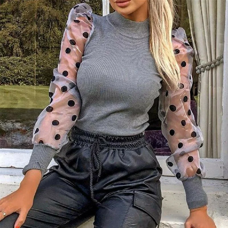 Women Autumn Mesh Puff Long Sleeve Ribbed Knitted Shirt Loose Casual Polka Dots Blouse Tops Elegant Turtleneck Party Clubwear Cozy Loose Fit Short Sleeve