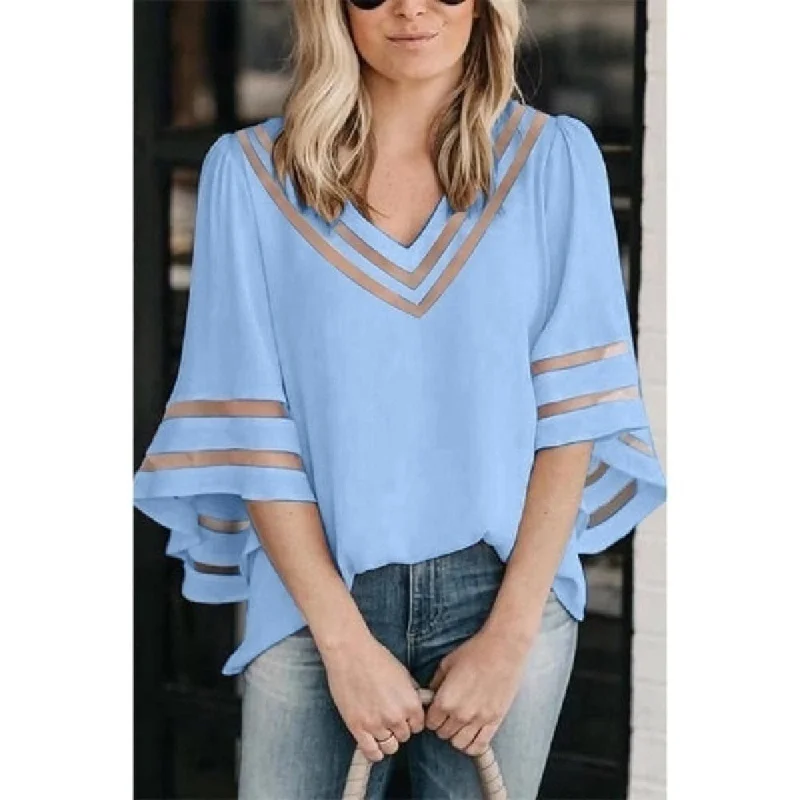 Women Chiffon Tops Fashion Loose Half Sleeve Mesh Top Cool Shirts Casual Lady V-Neck Blouse Women Relaxed Fit Short Blouse