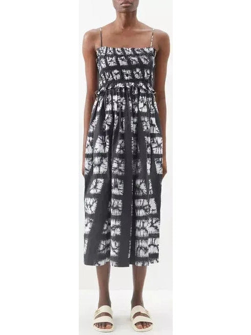 Abstract-Printed Sleeveless Cotton Midi Dress in Black and White Comfortable Fit-and-Flare Midi Dress