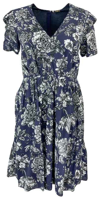 Adam Lippes V-Neck Pleated Mini Dress in Navy Floral Cozy Jersey Mini Dress