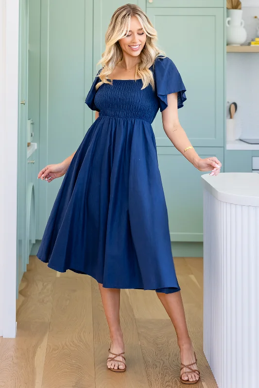 Ailish Shirred Midi Dress Deep Blue Fashionable Chiffon Midi Dress