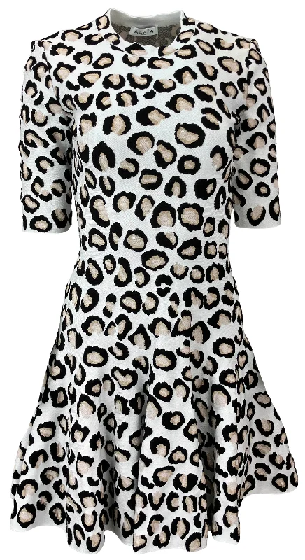 Alaïa Leopard-Print Skater Mini Dress in White Elegant Mini Dress with Pleats