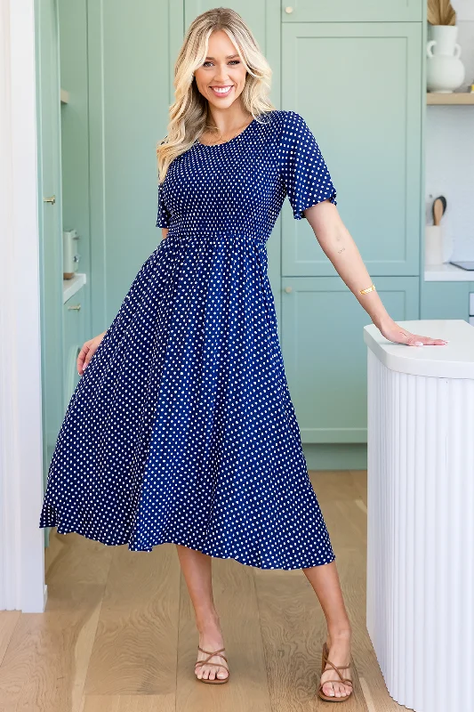 Annalee Midi Dress Navy White Mini Spot Comfortable Ribbed Midi Dress