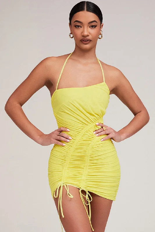 Asymmetric Drawstring Ruched Mesh Bodycon Mini Dress - Yellow Elegant Floral-Print Mini Dress