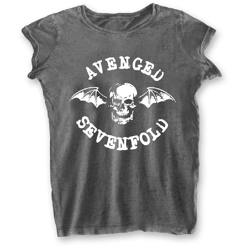 Avenged Sevenfold Ladies T-Shirt: Deathbat (Burn Out) Mesh Canvas Denim