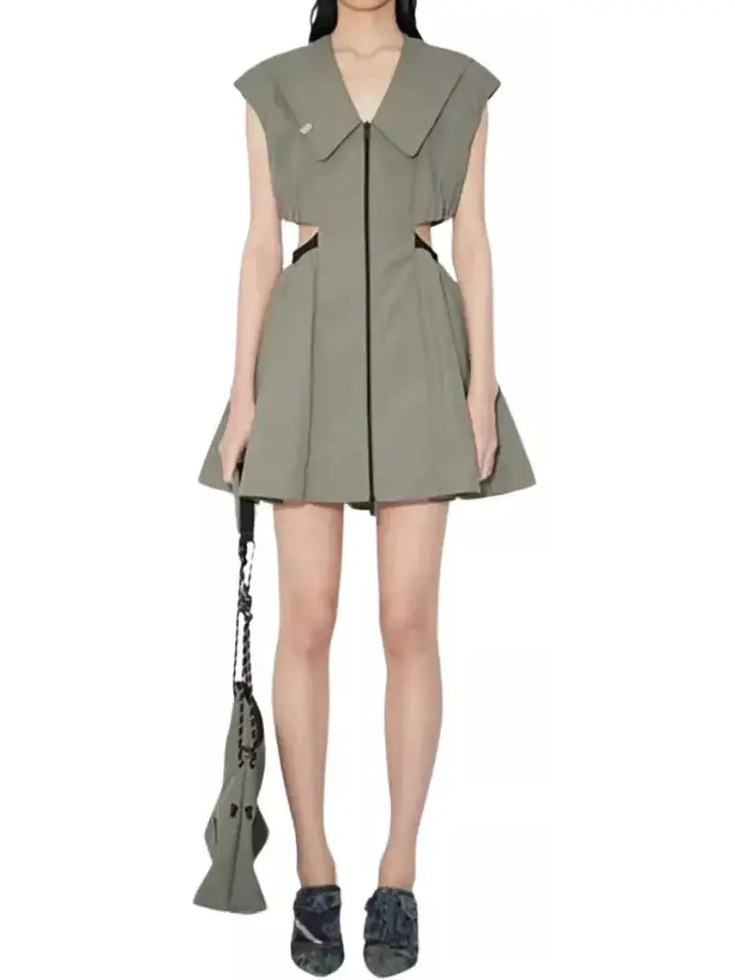 Backless Cut-Out Olive Green Flared Mini Dress Trendy Denim Mini Dress