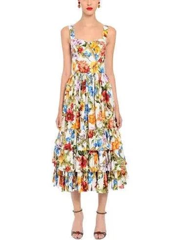 Bamboo Printed Tiered Midi Dress Fashionable One-Shoulder Midi Dress