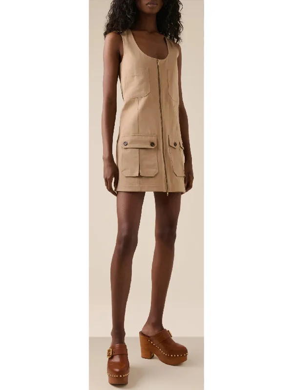 Beige Zipped Utility Cotton Cargo Mini Dress Cozy Cowl Neck Mini Dress