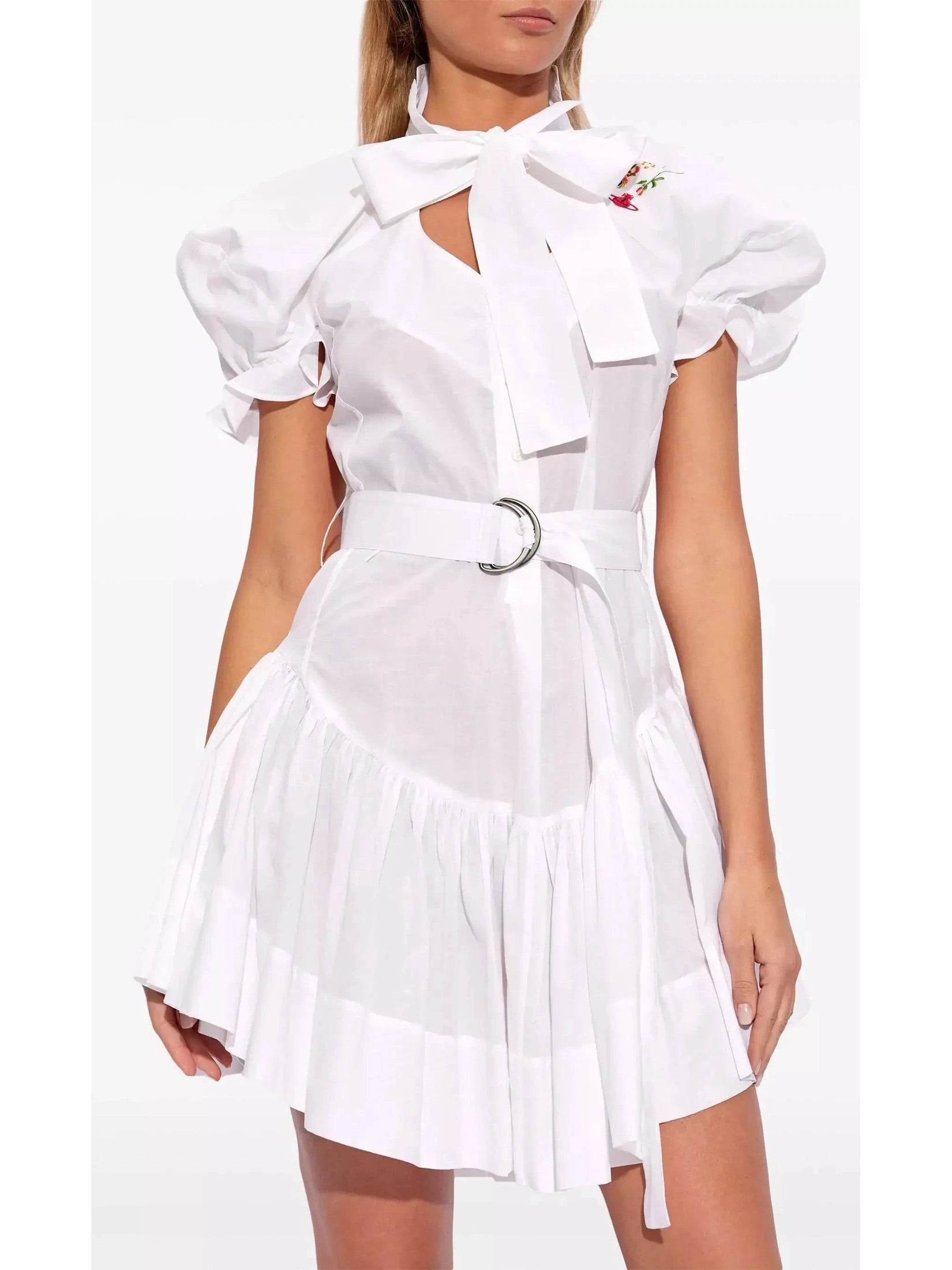 Belted Floral-Embroidered White Cotton Mini Dress Classic Shift Mini Dress