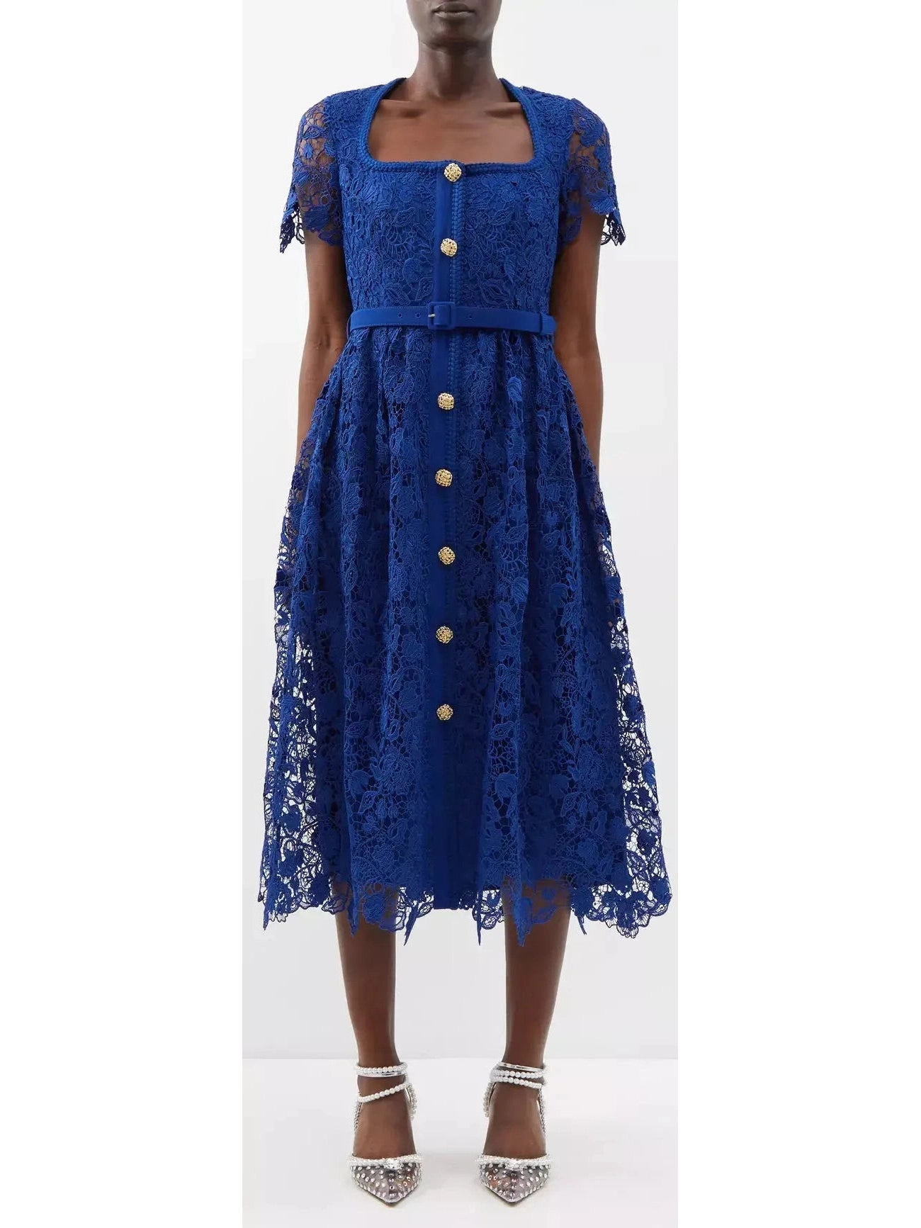 Belted Guipure-Lace Midi Dress, Blue Elegant Satin Button Midi Dress