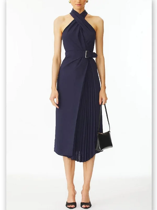 Belted Halter-Neck Pleated-Panel Midi Dress in Navy Fashionable High-Neck Midi Dress