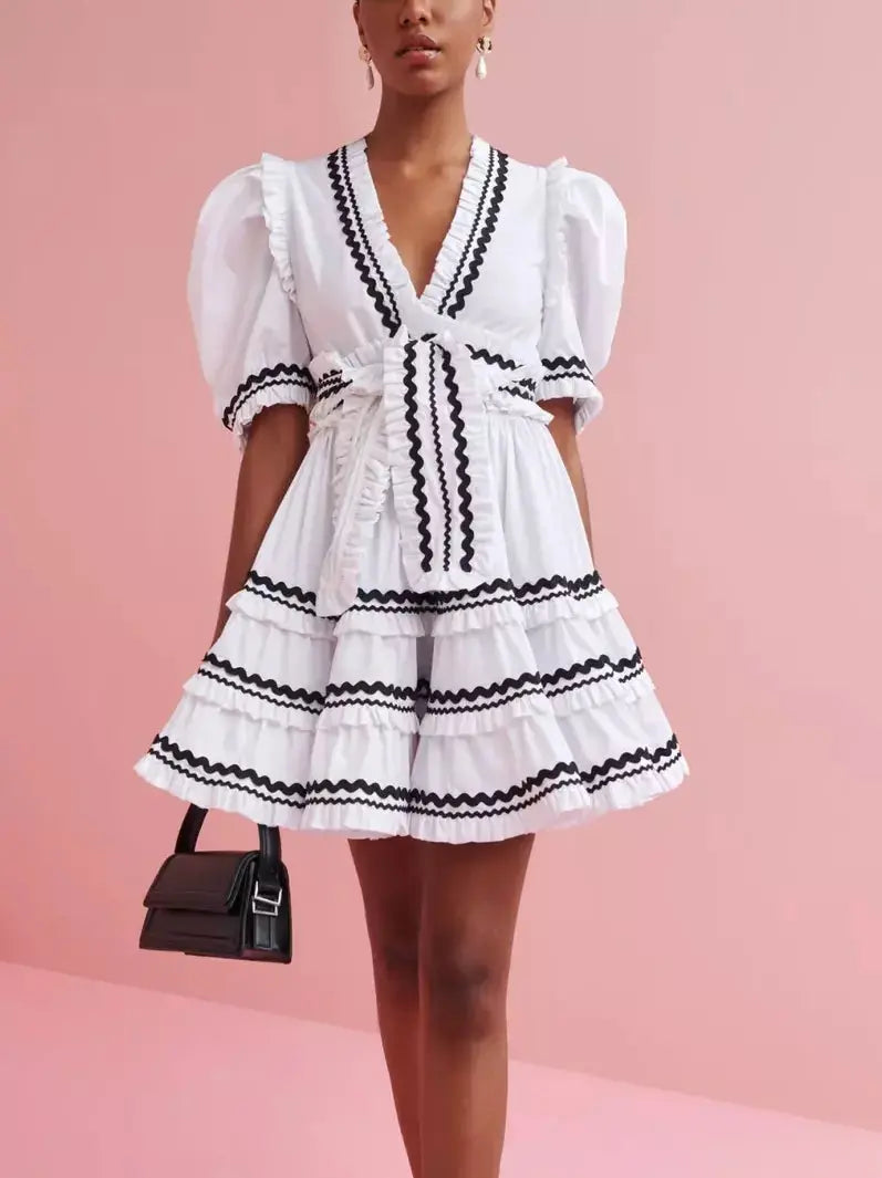 Belted V-Neck A-Line Mini Dress in White and Black Cozy Ruched Mini Dress