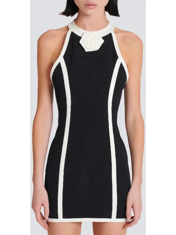 Black and White Halter Mini Dress with Rose Detail Classic White Mini Dress