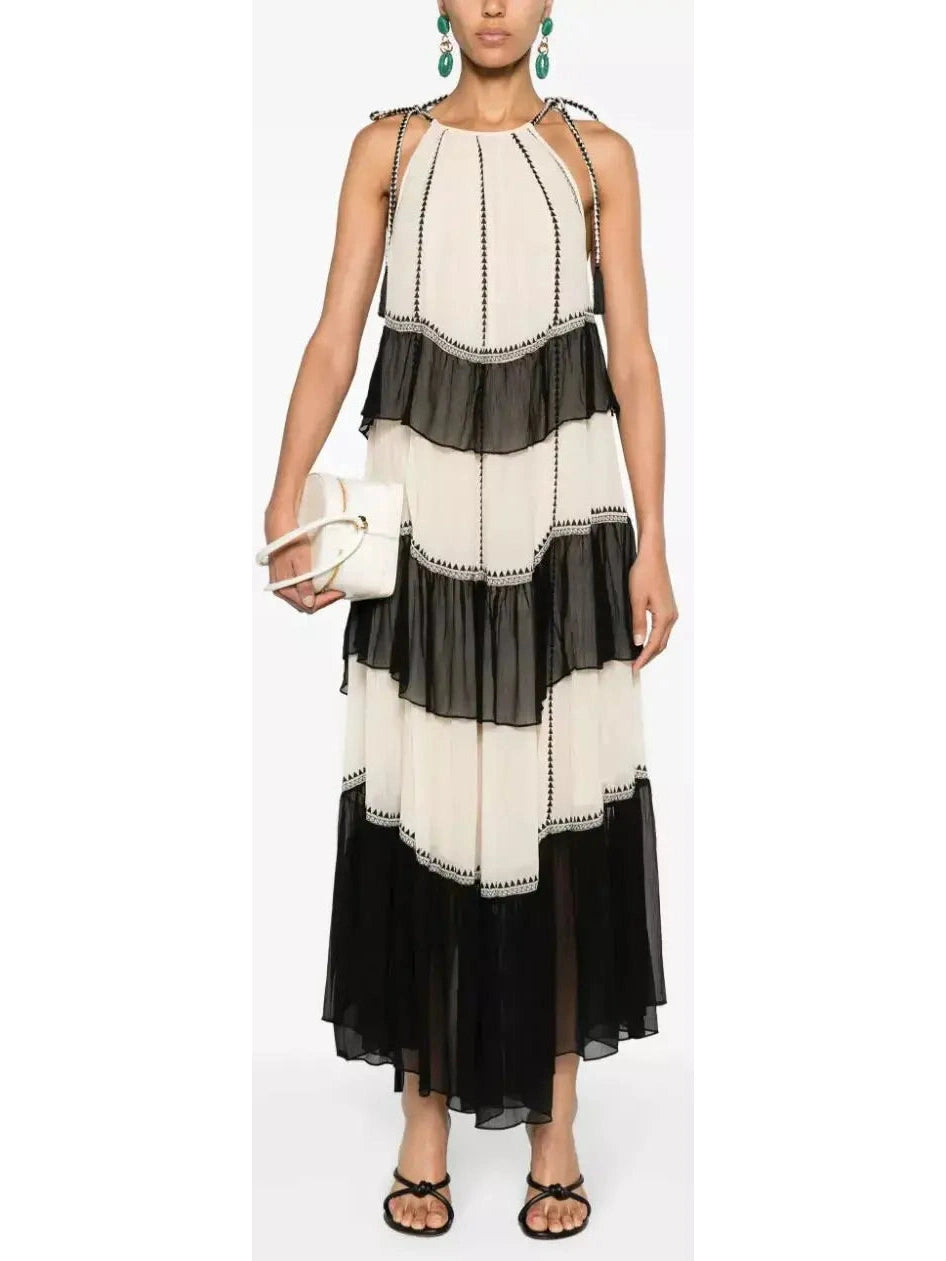 Black and White Ruffled Silk Halter-Neck Midi Dress Elegant Lace Trim Midi Dress